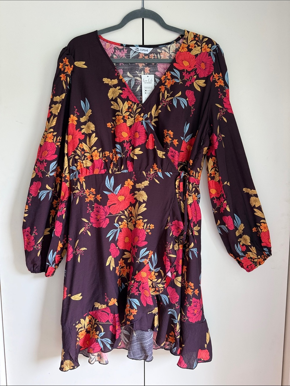 Cupshe Burgundy Wrap Dress with Pink, Gold & Blue Floral Print